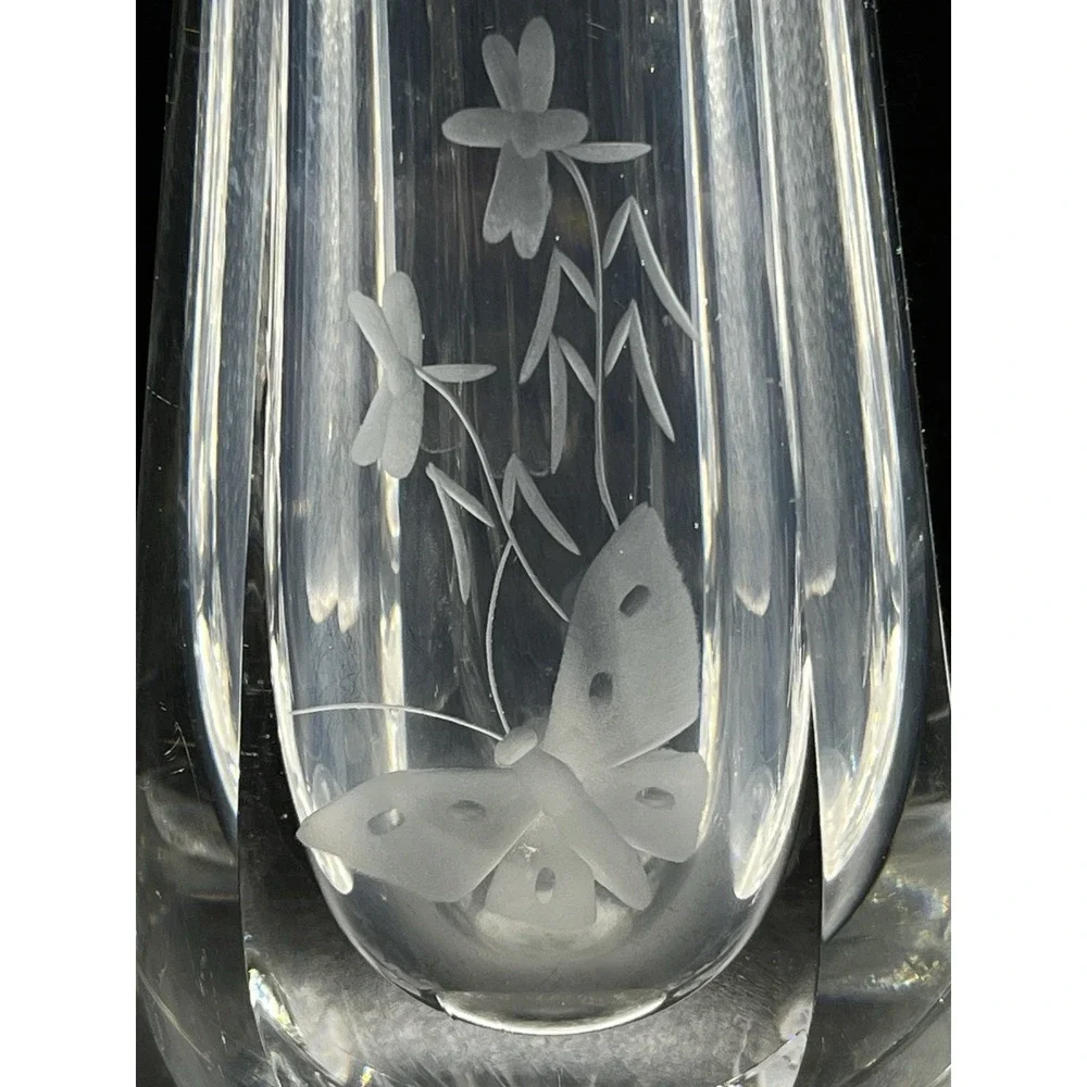 Orrefors Crystal Signed Bud Vase Etched Butterfly & Flowers‎ Design 6